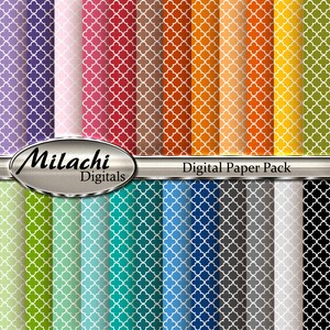 May include: A digital paper pack with 24 different patterns. Each pattern features a white quatrefoil design on a variety of colored backgrounds. The colors include purple, pink, red, brown, orange, yellow, green, blue, gray, and black.