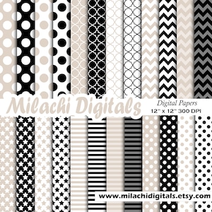 May include: A set of 12 digital papers featuring various black and white patterns, including polka dots, stars, stripes, and geometric designs. The papers are 12 inches by 12 inches and 300 DPI. The text "Milachi Digitals" and "www.milachidigitals.etsy.com" are also included in the image.