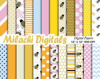Bumble bee digital paper, honey scrapbook papers, hive wallpaper, honeycomb background - M380