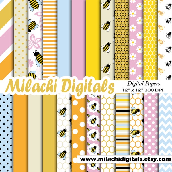 Bumble bee digital paper, honey scrapbook papers, hive wallpaper, honeycomb background - M380