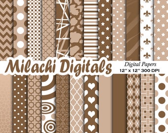 Brown digital paper, brown scrapbook papers, brown polka dots wallpaper, stars background, brown printable paper - M559