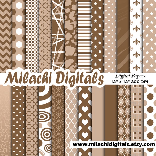 Brown digital paper, brown scrapbook papers, brown polka dots wallpaper, stars background, brown printable paper - M559