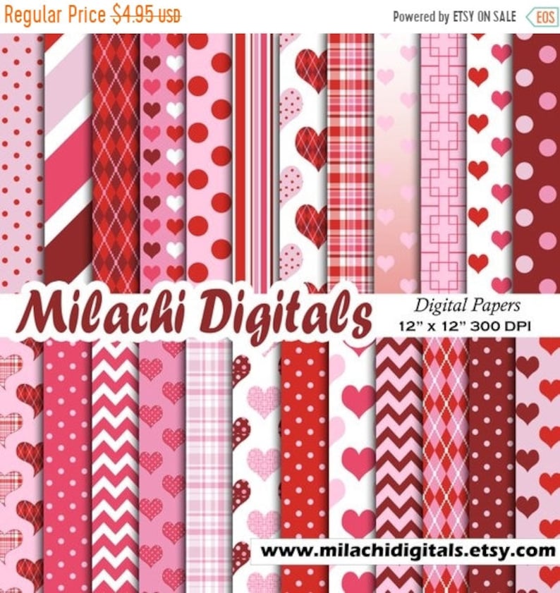 Valentine digital paper, valentine's day scrapbook papers, hearts wallpaper, heart background M465 image 1