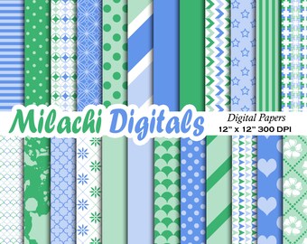 Blue and green digital paper, polka dots, stars, hearts, stripes, commercial use, instant download - M368
