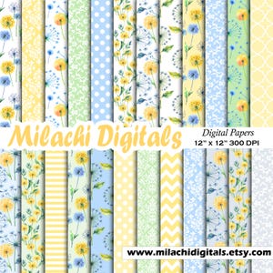 Dandelion Digital Paper Seamless 12&quot;x12&quot; Scrapbook Paper, Junk Journal Pages, Floral Pattern, Watercolor Dandelion Backgrounds