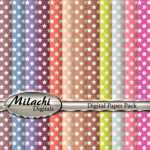 May include: A collection of digital paper sheets with a repeating star pattern. The papers feature a variety of colors, including pink, green, blue, and brown. The text "Milachi Digitals" and "Digital Paper Pack" are also visible.