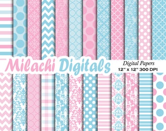 Gender reveal digital paper damask pattern baby shower scrapbook paper boy or girl polka dots background pink and blue commercial use M867