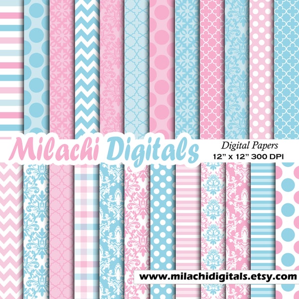 Gender reveal digital paper damask pattern baby shower scrapbook paper boy or girl polka dots background pink and blue commercial use M867