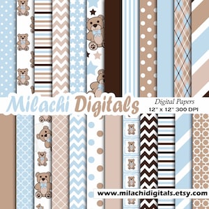 Blu carta digitale orsacchiotto, sfondo, carte scrapbook, strisce, chevron, pois, neonato - M331