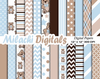 Blue Teddy Bear digital paper, background, scrapbook papers, stripes, chevron, polka dots, baby boy - M331