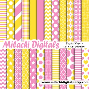 Jaune et rose papier numérique, motifs, papier scrapbooking, papier peint, scrapbooking digital, fond - M578