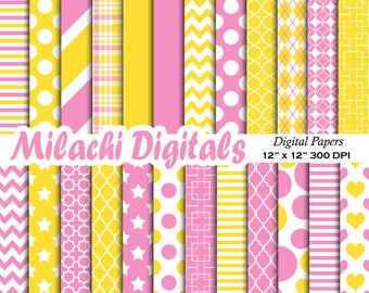 Yellow and Pink digital paper, patterns, scrapbook papers, wallpaper, digital scrapbooking, background - M578