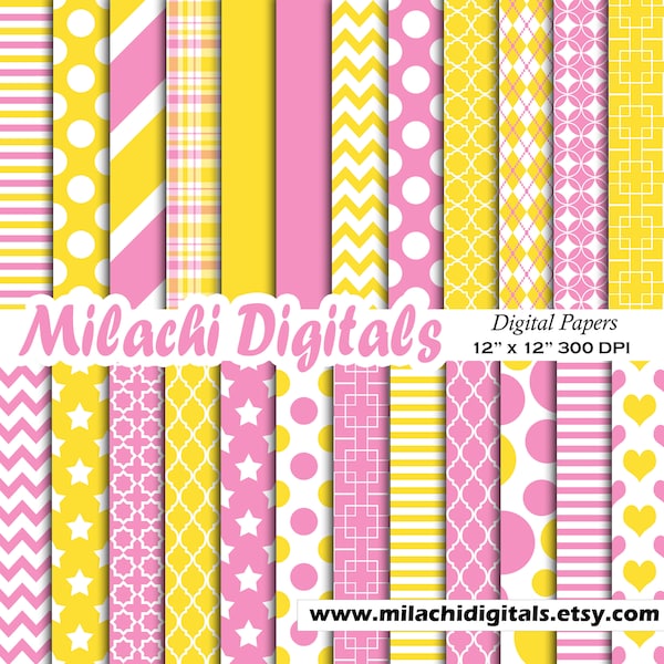 Yellow and Pink digital paper, patterns, scrapbook papers, wallpaper, digital scrapbooking, background - M578