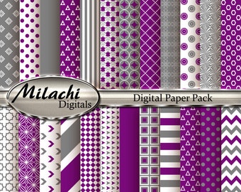 Purple Gray Digital Paper Pack, Scrapbook Papers, Commercial Use - Instant Download - M118