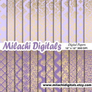 May include: A set of 12 digital papers featuring a repeating pattern of gold damask on a purple background. The papers are 12 inches by 12 inches and 300 DPI. The text "Milachi Digitals" and "www.milachidigitals.etsy.com" are visible in the image.