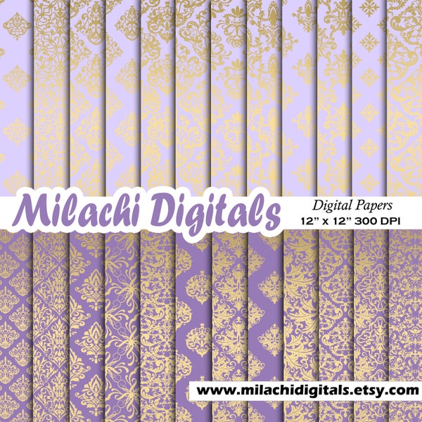 Lavender and Gold Damask digital paper, seamless gold patterns, purple, baby shower scrapbook papers, princess papers, luxury patterns M891