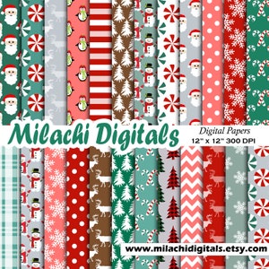 Weihnachten Digital Paper Pack, Urlaub Scrapbook Papiere, Nahtlose Hintergründe, Pinguin, Weihnachtsmann, Zuckerstange, Schneemann - M974