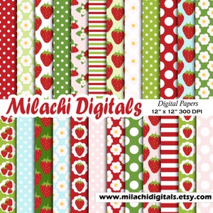 Strawberry digital paper picnic scrapbook papers strawberry background fruit wallpaper printable commercial use - M631