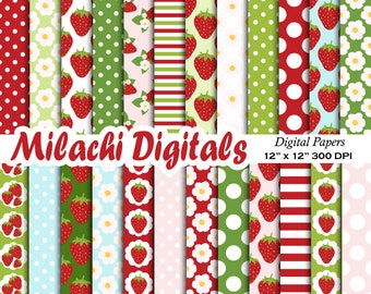 Strawberry digital paper picnic scrapbook papers strawberry background fruit wallpaper printable commercial use - M631
