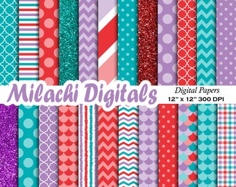Mermaid digital paper, Princess scrapbook papers, scales wallpaper, princess background, stripes - M635