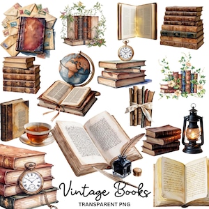 May include: A collection of vintage books, some open, some closed, with a globe, a pocket watch, a lantern, and a quill pen. The books are illustrated with watercolor and have a rustic, antique feel.