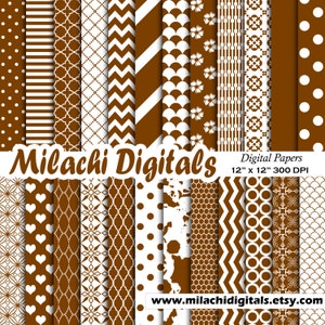 May include: Set of 12 digital papers in brown and white with various geometric patterns, including polka dots, stripes, hearts, and chevron. The papers are 12" x 12" and 300 DPI.  Milachi Digitals.