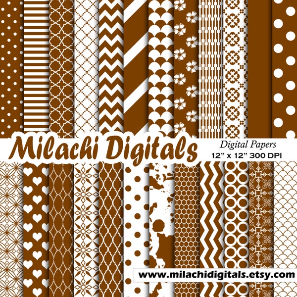 Chocolate brown digital paper, background, scrapbook papers, stripes, chevron, polka dots, hearts, fish scales - M353