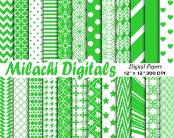 Lime groene digitale papier, achtergrond, scrapbook papers, harten, chevron, strepen, polka dots, sterren - M296