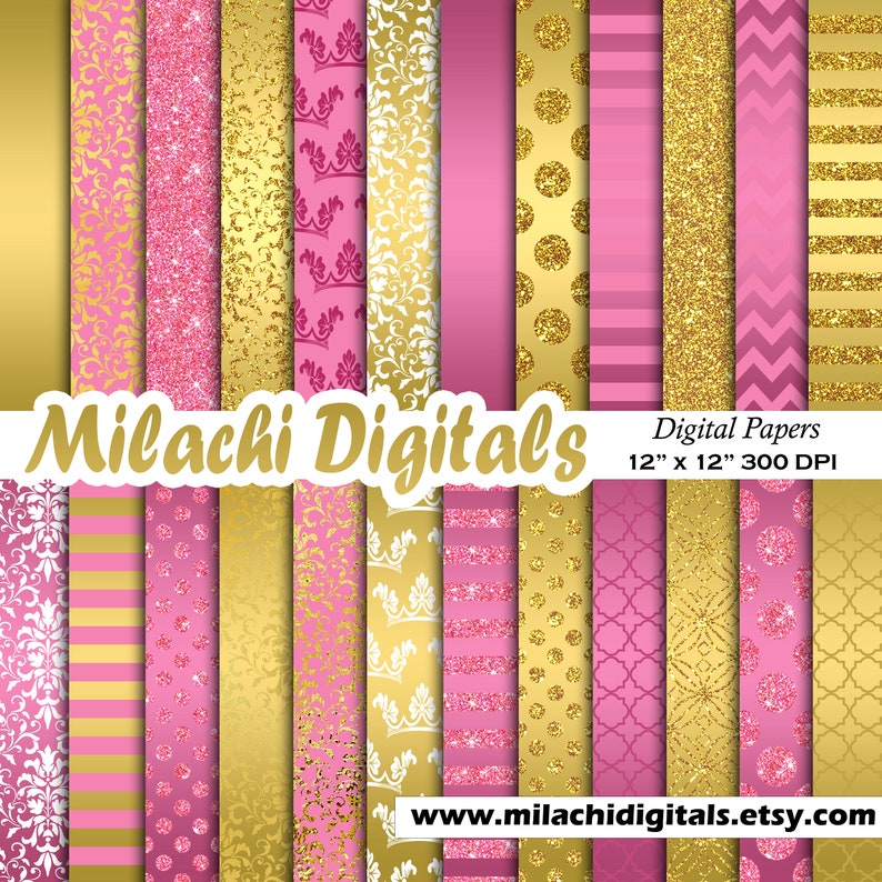 Princess Belle digital paper scrapbook papers gold metallic background pink glitter damask wallpaper commercial use M786