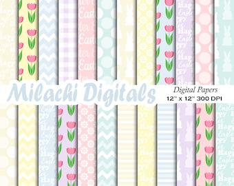 May include: A set of 12 digital papers featuring various Easter-themed patterns in pastel colors. The patterns include bunnies, tulips, polka dots, stripes, and chevron designs. The text "Happy Easter" is repeated on some of the patterns.