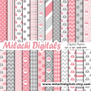 Papel digital elefante, papéis de scrapbook elefante, papel de parede rosa e cinza, fundo chá de bebê - M478