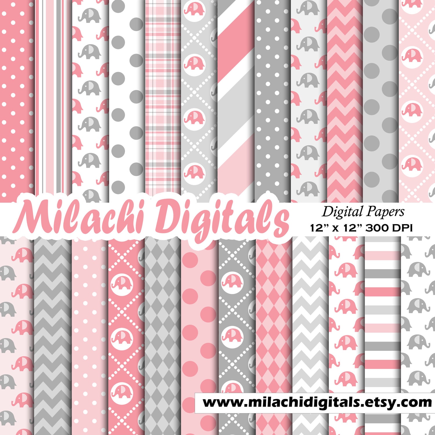 Elephant digital paper, elephant scrapbook papers, pink and gray wall…