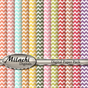 May include: Digital paper pack with 10 chevron patterns in various colors, including pink, red, orange, yellow, green, blue, and purple. The text "Milachi Digitals" and "Digital Paper Pack" is displayed on the image.