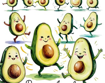 12 PNG Dancing Avocado Clipart, Dancing and Grooving with Joy, Watercolor Avocado, Junk Journals and Creative Projects, Instant Download