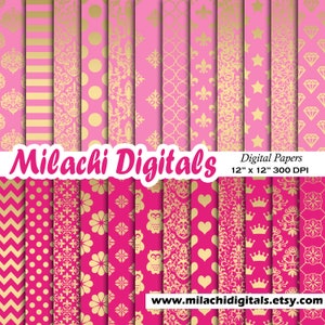 Rosa och guld digitalt papper, sömlösa guldmönster, krona, scrapbookingpapper för babyshower, uggla, guldstjärnor, gulddamast, diamant M883