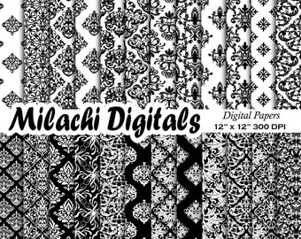 Black damask digital paper, wedding scrapbook papers, damask patterns, seamless damask, damask wallpaper, damask background - M897