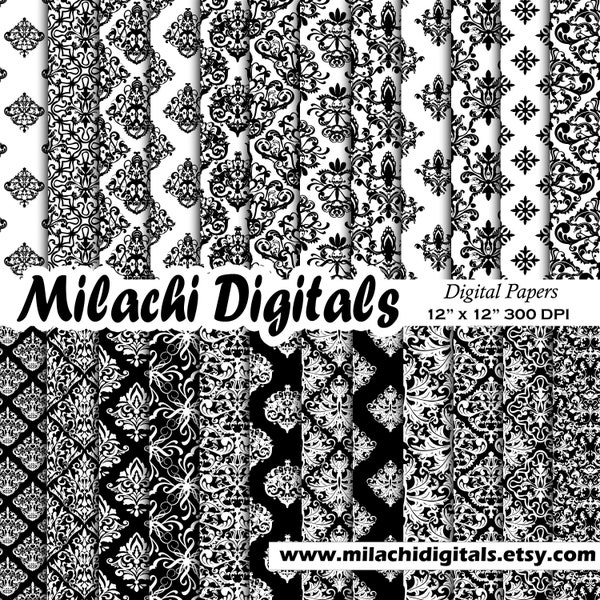 Black damask digital paper, wedding scrapbook papers, damask patterns, seamless damask, damask wallpaper, damask background - M897