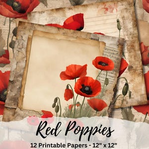 Red Poppies Digital Paper Pack 12&quot;x12&quot;, Vintage Background, Red Poppy Scrapbook Paper, Card Making, Decorative Paper, Commercial Use