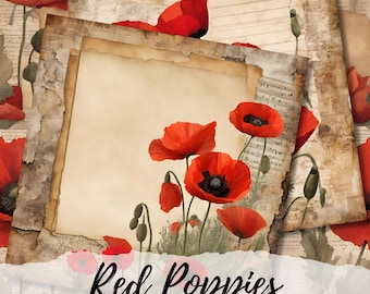 Red Poppies Digital Paper Pack 12"x12", Vintage Background, Red Poppy Scrapbook Paper, Card Making, Decorative Paper, Commercial Use
