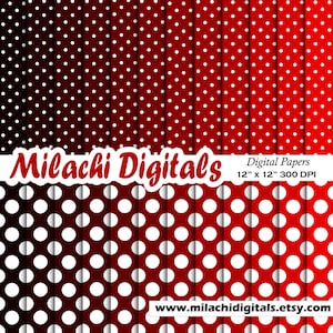 May include: A set of 12 digital papers featuring red and white polka dot patterns. The papers are 30.48 cm by 30.48 cm and 300 DPI. The text "Milachi Digitals" and "Digital Papers 12" x 12" 300 DPI" is included in the image. The website address "www.milachidigitals.etsy.com" is also included in the image.