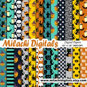 Könnte beinhalten: Ein Set mit 12 digitalen Papieren mit Halloween-Motiven. Die Muster umfassen Schädel, Kürbisse, Katzen, Hexen und Geister. Die Papiere sind 30,5 cm x 30,5 cm groß und haben eine Auflösung von 300 DPI.