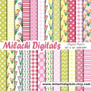 May include: A set of 12 digital papers featuring various patterns in pink, green, and white. The patterns include polka dots, stripes, gingham, and floral designs with tulips. The papers are 30.5 cm by 30.5 cm and 300 DPI. The text "Milachi Digitals" and "www.milachidigitals.etsy.com" are also included in the image.