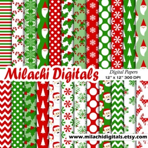 Christmas digital paper christmas gnome scrapbook paper holiday santa clause snowflakes candy red and green commercial use  M561