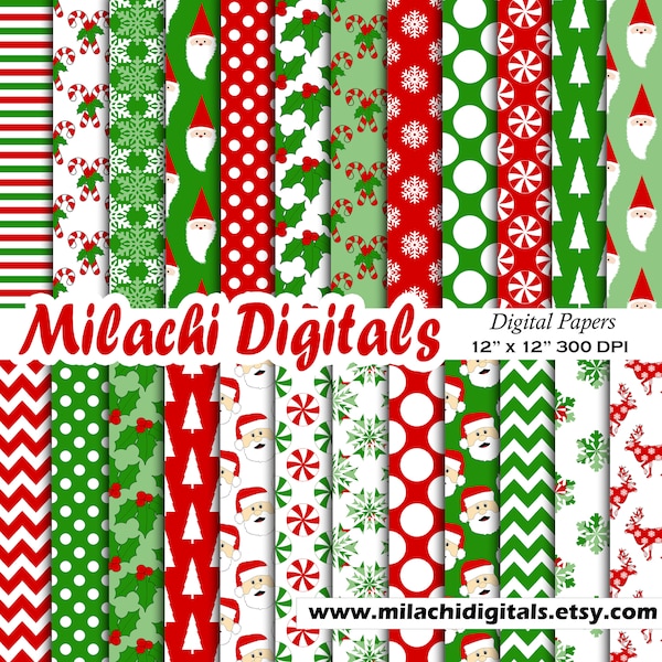 Christmas digital paper christmas gnome scrapbook paper holiday santa clause snowflakes candy red and green commercial use  M561