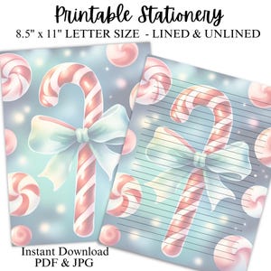 Könnte beinhalten: Druckbare Briefpapier mit einem Zuckerstange und Schleife auf einem blauen Hintergrund mit weißen Punkten. Das Briefpapier ist in linierten und unlinierten Versionen erhältlich. Der Text "Printable Stationery" und "8.5" x 11" LETTER SIZE - LINED & UNLINED" befindet sich oben im Bild. Der Text "Instant Download PDF & JPG" befindet sich unten im Bild.
