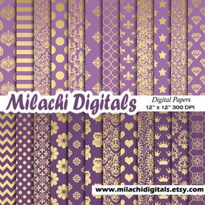 Lila och guld digitalt papper lila sömlösa guldmönster krona babyshower scrapbookingpapper uggla guldstjärnor guld damast diamant M884