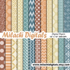 Retro Vintage Digital Paper, Seamless Backgrounds, Retro Scrapbook Papers, Stripes, Chevron, Polka Dots - M946