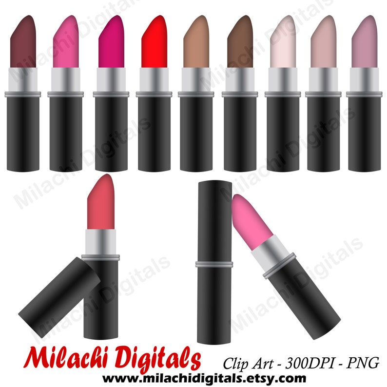 May include: Set of 10 lipstick tube clip art images in various colors, including red, pink, brown, and nude. The tubes are black with silver accents. The lipsticks are in both upright and open positions.