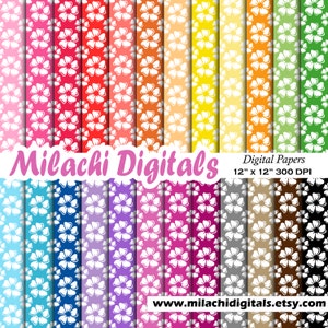 Könnte beinhalten: Ein Set mit 20 digitalen Papieren mit einem weißen Blumenmuster auf verschiedenen bunten Hintergründen. Die Papiere sind 30,48 cm x 30,48 cm groß und haben eine Auflösung von 300 DPI. Milachi Digitals ist der Name des Shops.