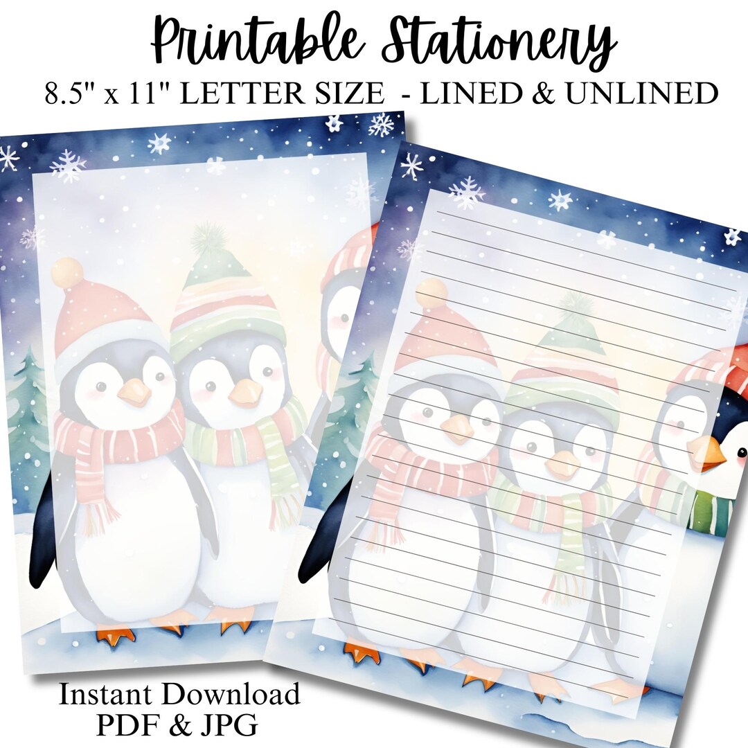 Penguins Printable Writing Paper Stationery, Christmas Digital Paper ...